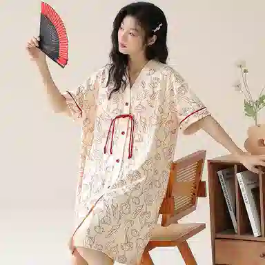 夏芬妍 简约休闲舒适新中式风花朵印花带胸垫睡衣家居服亲肤宽松短袖可外穿睡裙 女款 杏色