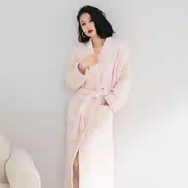夏芬妍 时尚柔软亲肤纯色加绒加厚蓄温保暖舒适宽松长款休闲家居服睡袍 女款 粉色
