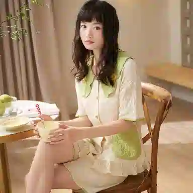 夏芬妍 甜美柔软舒适小凤梨云朵棉公主翻领家居服亲肤休闲短袖短裤可外穿睡衣套装 女款 杏绿色