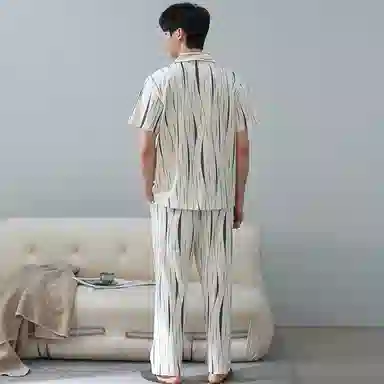 夏芬妍 简约舒适凉感艺术条纹休闲亲肤短袖长裤时尚可外穿翻领家居服睡衣套装 男款