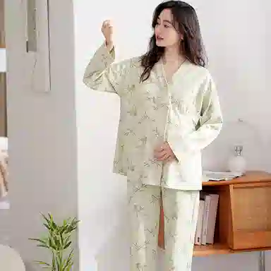 夏芬妍 舒适亲肤竹子满印带胸垫家居服休闲宽松长袖长裤可外穿产前产后月子服睡衣套装 女款 绿色