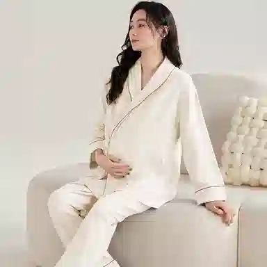 夏芬妍 舒适亲肤纯色带胸垫家居服休闲宽松长袖长裤可外穿产前产后和服月子服睡衣套装 女款 杏色