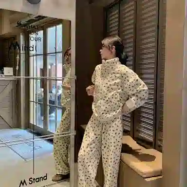 夏芬妍 时尚百搭经典豹纹立领开衫家居服亲肤休闲舒适长袖长裤可外穿睡衣套装 女款 杏色