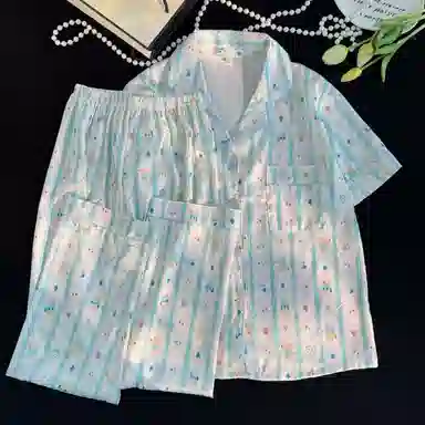 夏芬妍 可爱舒适卡通条纹小熊冰丝翻领家居服亲肤休闲短袖三件套时尚可外穿睡衣套装 女款