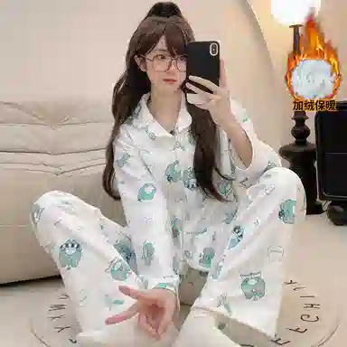 夏芬妍 舒适亲肤小青蛙满印德绒家居服加绒加厚保暖蓄温长袖长裤可外穿秋冬款睡衣礼盒 女款 白绿色
