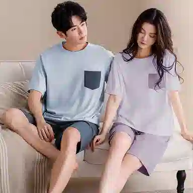 夏芬妍 柔软舒适休闲圆领纯色贴袋纯棉短袖短裤时尚可外穿家居服睡衣套装 男女同款