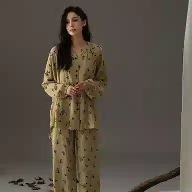 夏芬妍 时尚轻盈舒适柔软甜美碎花开衫婴儿棉双层纱家居服休闲亲肤宽松长袖长裤可外穿睡衣套装 女款 棕色