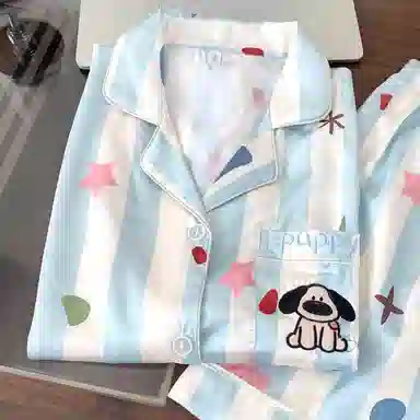 夏芬妍 甜美休闲舒适条纹星星小狗冰丝家居服亲肤宽松短袖短裤长裤时尚可外穿睡衣套装 女款