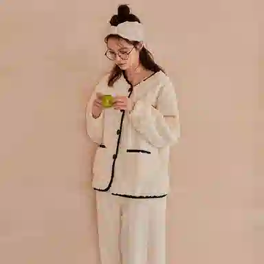 夏芬妍 休闲舒适宽松时尚贴袋开衫家居服加绒加厚保暖蓄温长袖长裤可外穿秋冬款睡衣套装 女款 杏色