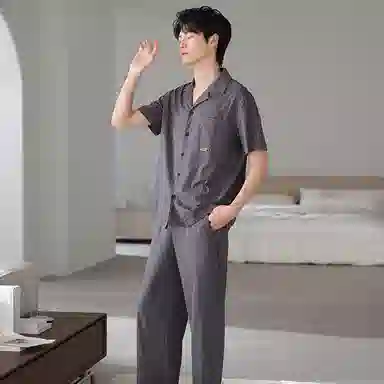 夏芬妍 简约时尚大方柔软舒适规则纹理翻领家居服亲肤休闲短袖长裤可外穿睡衣套装 男款 棕色