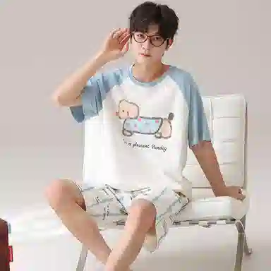 夏芬妍 柔软条纹萌狗翻领家居服休闲舒适短袖短裤时尚可外穿睡衣套装 男女同款