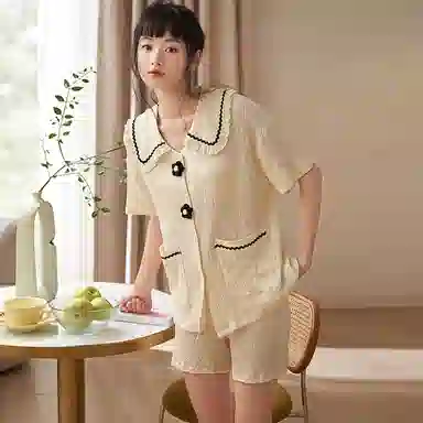 夏芬妍 甜美柔软舒适纯色花朵云朵棉公主翻领家居服亲肤休闲短袖短裤可外穿睡衣套装 女款 杏色