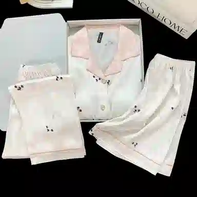 夏芬妍 简约休闲高级感法斗冰丝翻领带胸垫家居服舒适亲肤宽松长袖长裤可外穿睡衣套装 女款 杏色