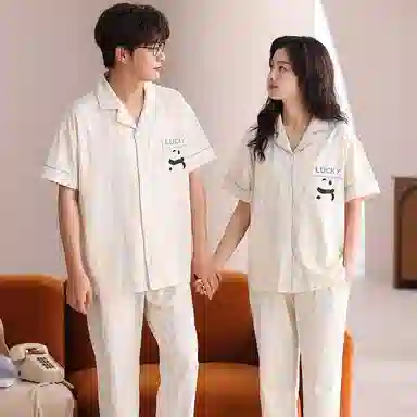 夏芬妍 柔软舒适条纹熊猫纯棉翻领家居服休闲舒适短袖短裤时尚可外穿 睡衣套装 男女同款