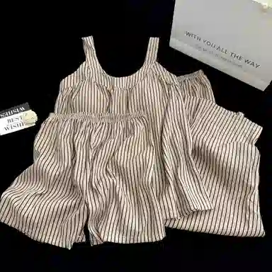 夏芬妍 简约韩式风气质条纹吊带家居服舒适柔软休闲带胸垫三件套可外穿睡衣套装 女款