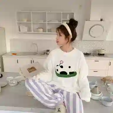 夏芬妍 简约甜美风可爱熊猫半边绒圆领家居服加厚亲肤休闲舒适长袖长裤可外穿秋冬款睡衣套装 女款 白色