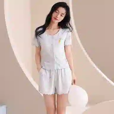 夏芬妍 甜美柔软舒适碎花蝴蝶结卡通圆领带胸垫开衫家居服凉感透气亲肤宽松短袖短裤可外穿睡衣套装 女款 蓝色