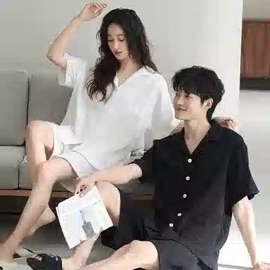 夏芬妍 休闲舒适纯色双层纱婴儿棉翻领开衫家居服柔软亲肤时尚可外穿短袖短裤睡衣套装 男女同款