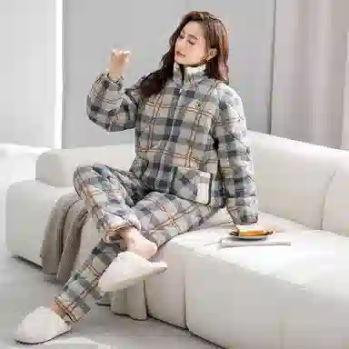 夏芬妍 舒适休闲复古经典格纹立领开衫三层夹棉家居服宽松长袖长裤可外穿秋冬款睡衣套装 女款 橄榄绿