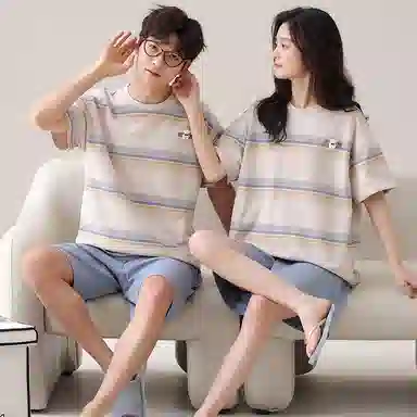 夏芬妍 柔软舒适条纹纯棉圆领家居服休闲舒适短袖时尚可外穿睡衣套装 男女同款