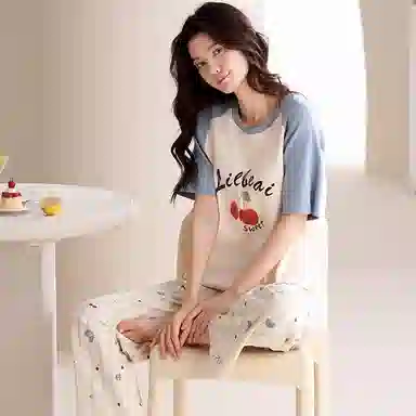 夏芬妍 简约舒适柔软爱心蝴蝶结樱桃纯棉家居服透气亲肤宽松短袖圆领套头三件套可外穿睡衣套装 女款 杏色