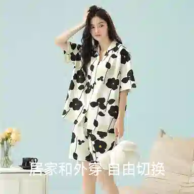 夏芬妍 柔软舒适透气亲肤满印翻领家居服休闲凉感短袖时尚可外穿睡衣套装 女款 杏色