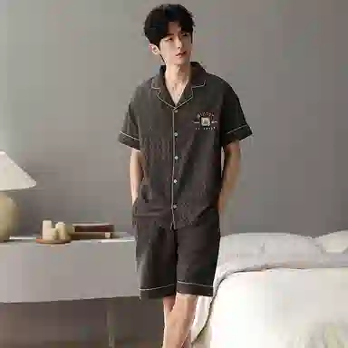 夏芬妍 简约舒适柔软字母提花云朵棉翻领开衫家居服亲肤休闲短袖短裤时尚可外穿睡衣套装 男款 棕色