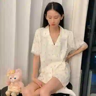 夏芬妍 甜美柔软舒适郁金香蕾丝花边云朵棉翻领家居服亲肤休闲短袖三件套时尚可外穿睡衣套装 女款 杏色