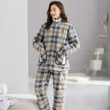 夏芬妍 舒适休闲复古经典格纹立领开衫三层夹棉家居服宽松长袖长裤可外穿秋冬款睡衣套装 女款 橄榄绿