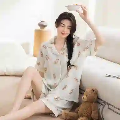 夏芬妍 甜美可爱卡通婴儿棉双层纱翻领短袖短裤家居服简约休闲可外穿睡衣套装 女款
