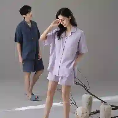 夏芬妍 简约舒适轻盈柔软纯色翻领婴儿棉双层纱家居服休闲亲肤宽松短袖短裤可外穿睡衣套装 男女同款