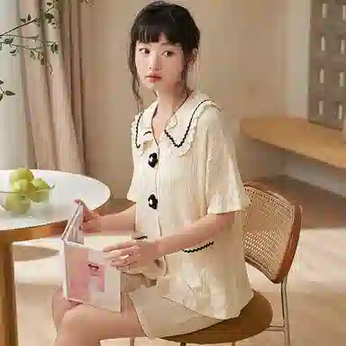 夏芬妍 甜美柔软舒适纯色花朵云朵棉公主翻领家居服亲肤休闲短袖短裤可外穿睡衣套装 女款 杏色