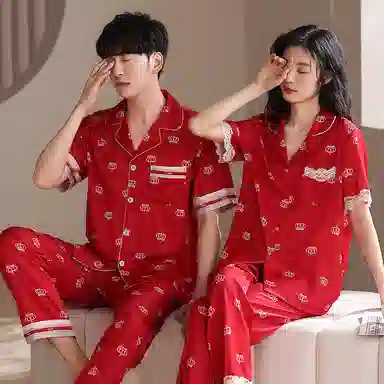 夏芬妍 大红喜庆系列  舒适丝滑柔软结婚本命年皇冠印花翻领丝绸冰丝家居服休闲长袖短袖长裤可外穿睡衣套装 男女同款