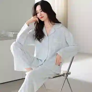 夏芬妍 休闲舒适简约高级感蘑菇花朵印花经典翻领开衫家居服宽松柔软亲肤长袖长裤可外穿睡衣套装 女款 蓝色
