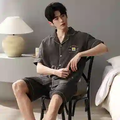 夏芬妍 简约舒适柔软字母提花云朵棉翻领开衫家居服亲肤休闲短袖短裤时尚可外穿睡衣套装 男款 棕色