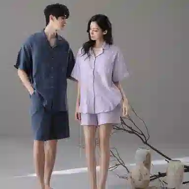 夏芬妍 简约舒适轻盈柔软纯色翻领婴儿棉双层纱家居服休闲亲肤宽松短袖短裤可外穿睡衣套装 男女同款