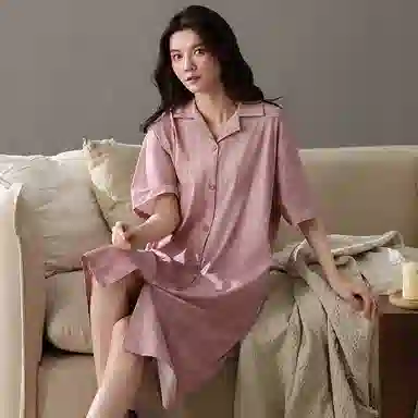 夏芬妍 简约亲肤开衫舒适休闲翻领时尚短袖睡裙 女款 粉色
