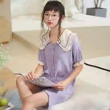 夏芬妍 甜美柔软舒适花边云朵棉公主翻领家居服亲肤休闲短袖短裤可外穿睡衣套装 女款 紫色
