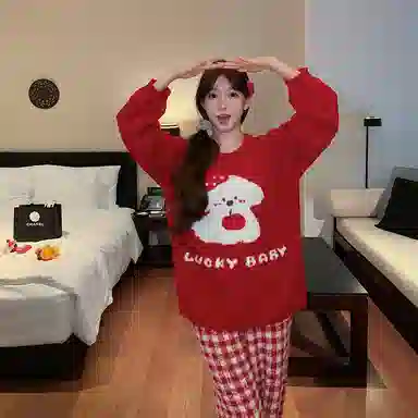 夏芬妍 简约甜美柔软亲肤苹果小狗英文格子裤半边绒家居服加绒加厚蓄温保暖长袖长裤可外穿秋冬款睡衣套装 女款 红色