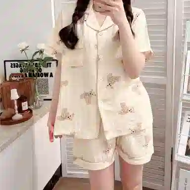 夏芬妍 柔软舒适可爱小熊翻领开衫家居服亲肤休闲短袖短裤可外穿睡衣套装 女款