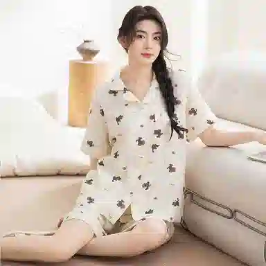 夏芬妍 甜美可爱卡通婴儿棉双层纱翻领短袖短裤家居服简约休闲可外穿睡衣套装 女款