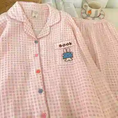 夏芬妍 简约甜美风格子小兔棉纱翻领家居服亲肤休闲舒适长袖长裤可外穿春秋款睡衣套装 女款 粉色