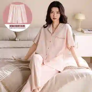 夏芬妍 简约舒适柔软不规则纹理纯棉家居服透气亲肤宽松短袖翻领三件套可外穿睡衣套装 女款 粉色