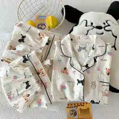夏芬妍 柔软舒适小狗乐园云朵棉翻领开衫家居服亲肤休闲短袖三件套时尚可外穿睡衣套装 女款 杏色