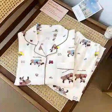 夏芬妍 柔软舒适萌狗乐园云朵棉开衫家居服亲肤休闲长袖长裤可外穿春秋款睡衣套装 女款 杏色