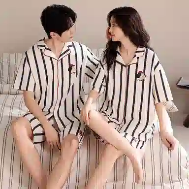 夏芬妍 简约舒适柔软条纹纯棉翻领家居服透气亲肤宽松短袖短裤可外穿睡衣套装 男女同款 杏色