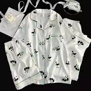 夏芬妍 柔软舒适卡通竹叶熊猫云朵棉翻领开衫家居服亲肤休闲短袖三件套时尚可外穿睡衣套装 女款 杏色