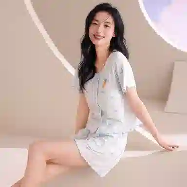 夏芬妍 甜美柔软舒适碎花蝴蝶结卡通圆领带胸垫开衫家居服凉感透气亲肤宽松短袖短裤可外穿睡衣套装 女款 蓝色