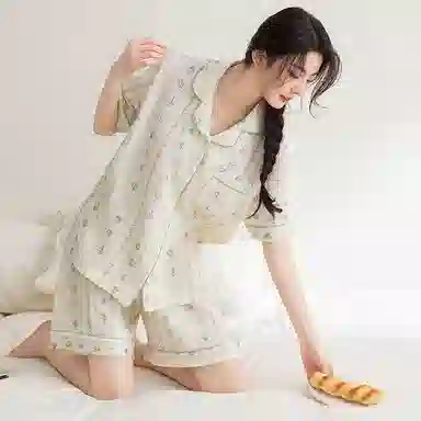 夏芬妍 甜美可爱卡通婴儿棉双层纱翻领短袖短裤家居服简约休闲可外穿睡衣套装 女款