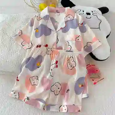 夏芬妍 柔软舒适爱心萌兔云朵棉开衫家居服亲肤休闲短袖短裤时尚可外穿睡衣套装 女款 粉色